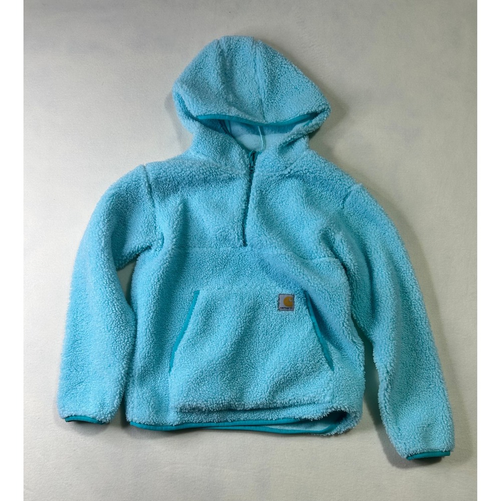 Carhartt Girls XL 14 Sherpa Fleece Hoodie Quarter Zip Pullover Blue Pocket